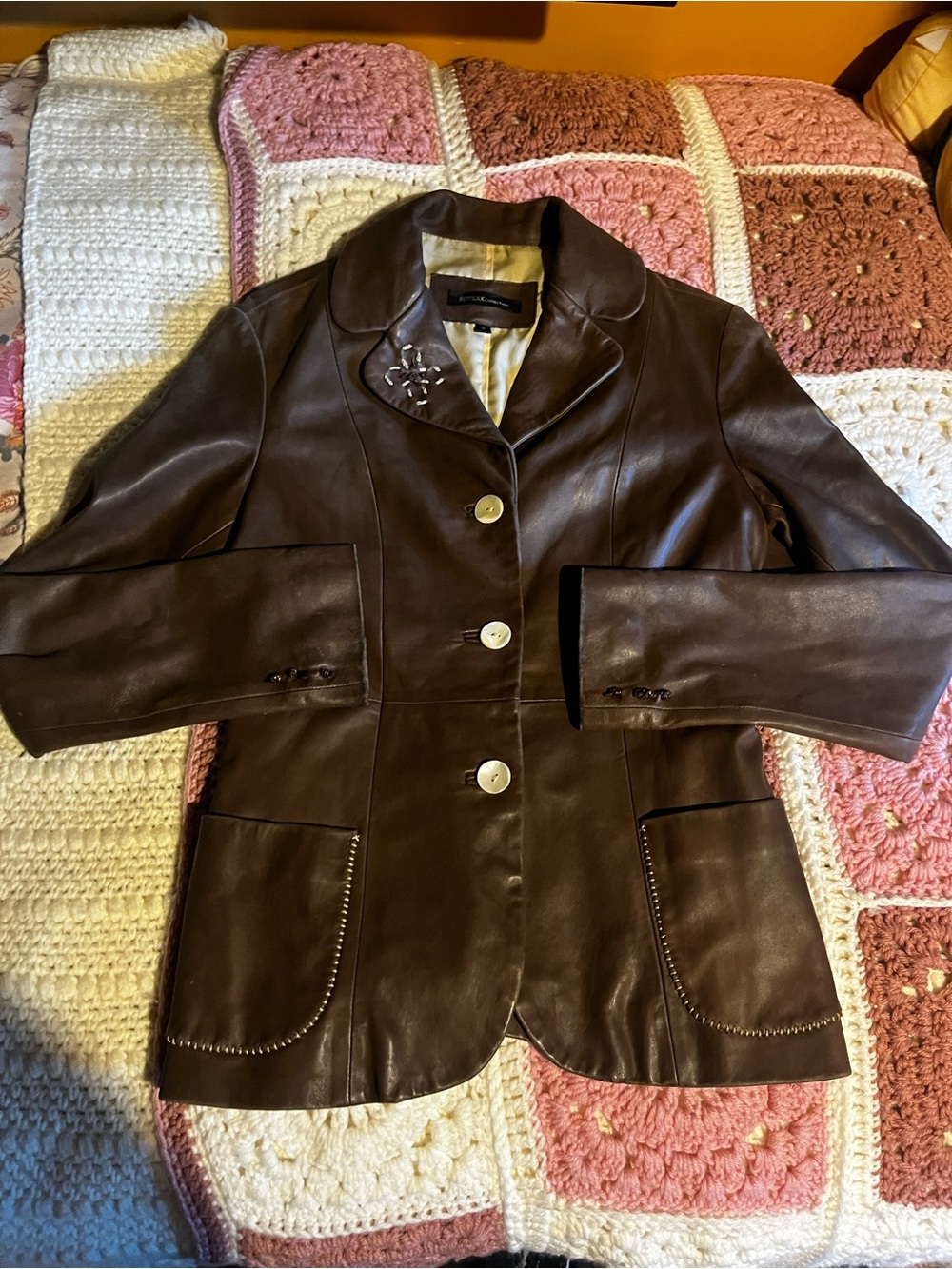 RUDSAK Women's Dark Brown Leather Button Jacket with Floral Stitching